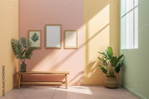 Sunny corridor with pastel-colored walls  wooden bench  framed art  and potted indoor plants.