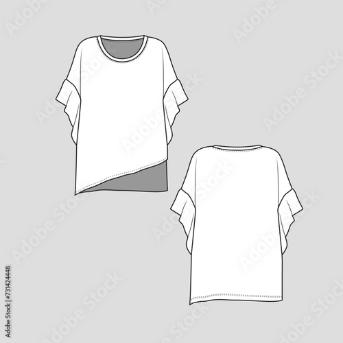 Cross hem Ruffle sleeve Top Drop Shoulder Crew Neck fashion hem cad template drawing sketch design