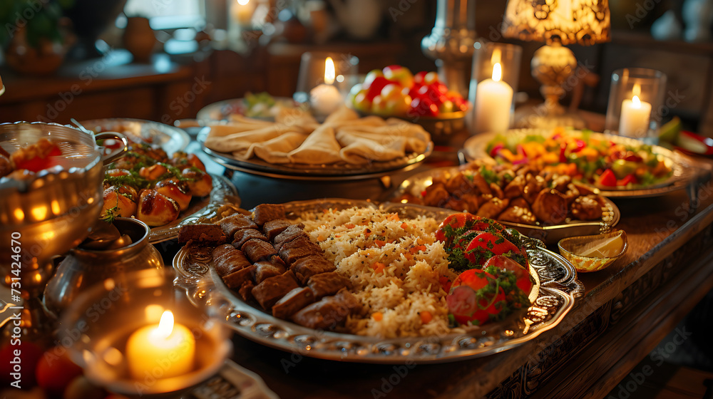 A festive dinner celebration for Eid al-Adha, a traditional and cultural Muslim holiday, featuring a spread of delicious food and a joyous atmosphere