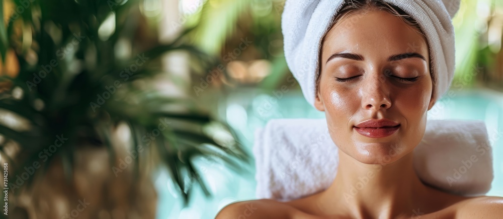 A happy woman, with a towel-wrapped head, sitting in a chair, eyes closed, smiling peacefully, enjoying a moment of leisure. A happy woman, with a towel-wrapped head, sitting in a chair, eyes closed, smiling peacefully, enjoying a moment of leisure.