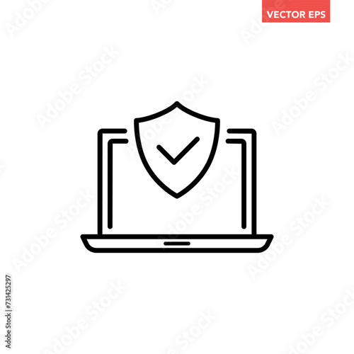 Free Download Black single laptop with security shield line icon, simple digital technology flat design infographic pictogram vector, for app logo web button ui ux interface elements isolated on white background - GFXLoad