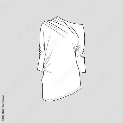 Fashion One Shoulder Mini Dress Long sleeve long top mock up design sketch Drawing