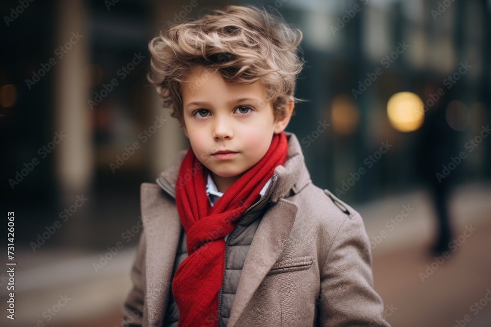Portrait of a cute little boy in a coat and red scarf. Portrait of a cute little boy in a coat and red scarf.