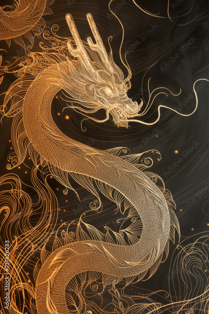 Fototapeta premium A Chinese dragon drawn with simple yellow lines.