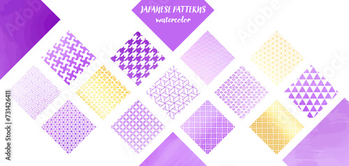 水彩風の和柄パターン、紫とゴールドの四角の素材セット 