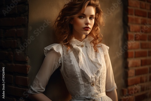 An elegant woman dressed in a fitted waistcoat and tulle skirt, standing against a rustic brick wall, bathed in the warm light of the setting sun