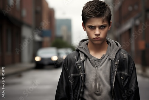 Young juvenile delinquent teenager boy in city serious face