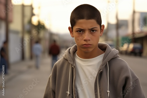 Young juvenile delinquent teenager boy in city serious face