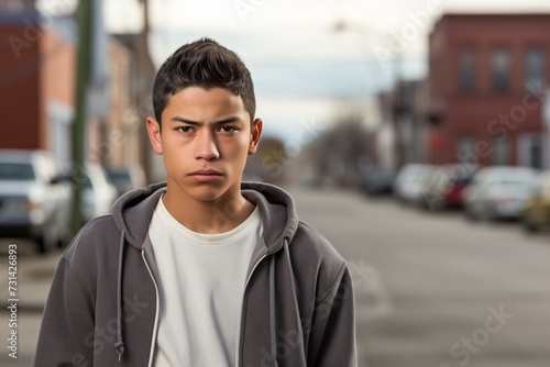 Young juvenile delinquent teenager boy in city serious face