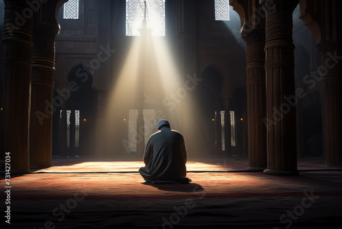 pious muslim man prays in mosque, generative AI