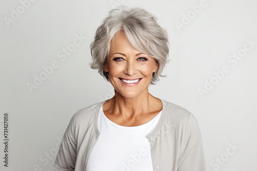 Portrait of a happy senior woman smiling at camera over grey background