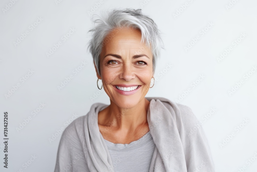 Portrait of a happy mature woman with grey hair smiling at the camera Portrait of a happy mature woman with grey hair smiling at the camera