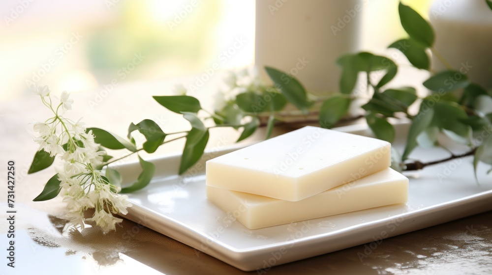 Bars of natural soap on a ceramic dish beside fresh white flowers, suggesting purity and cleanliness.