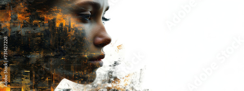 Profile of a woman overlaid with a golden cityscape, a metaphor of urban identity.