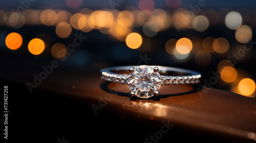 Diamond engagement ring on a reflective surface with soft bokeh city lights in the background.