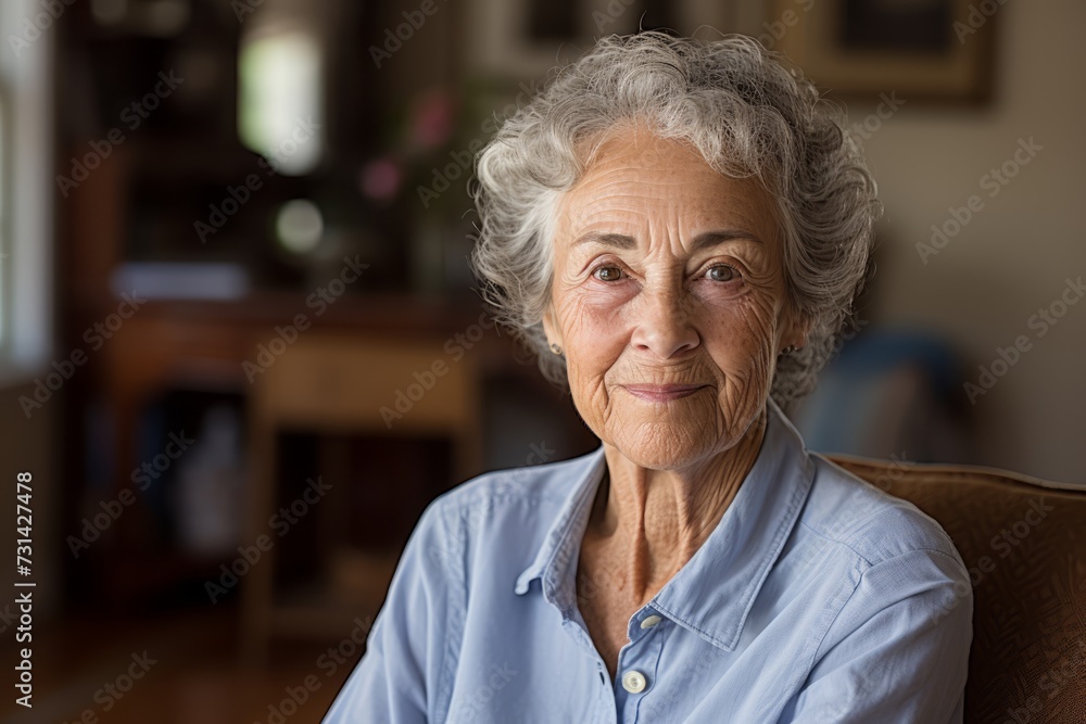 A Graceful Senior Woman with Gentle Blue Eyes and Thinning Hair, Sitted in her Favorite Armchair, Surrounded by Family Pictures in her Warm Living Room A Graceful Senior Woman with Gentle Blue Eyes and Thinning Hair, Sitted in her Favorite Armchair, Surrounded by Family Pictures in her Warm Living Room
