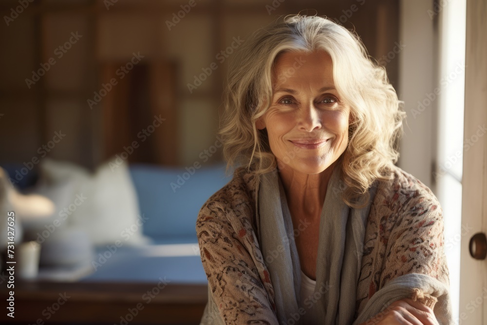 A Snapshot of Serenity: Aged Woman with Warm Blue Eyes Enveloped in Her Beloved Cardigan, Bathed in Sunlight A Snapshot of Serenity: Aged Woman with Warm Blue Eyes Enveloped in Her Beloved Cardigan, Bathed in Sunlight