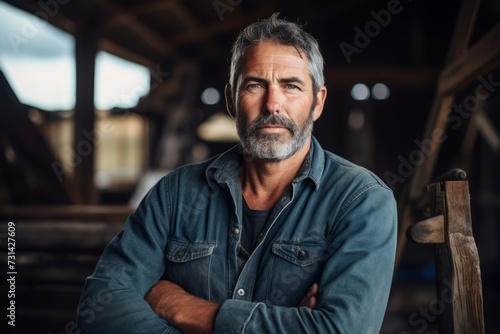 A strong, mature man with a graying beard, standing in a rustic barn, a testament to enduring strength and wisdom