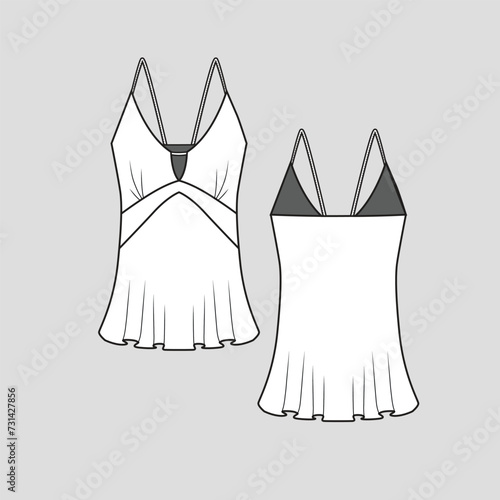Camisole notch neck flare hem strap  top tank Fashion flat sketch drawing template