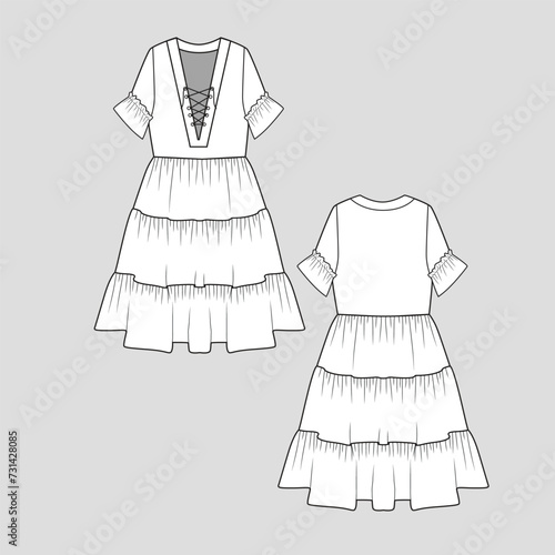 Criss cross lace up neck tiered ruffles Dress  frill ruffle dresses Fashion design cad outline drawing template