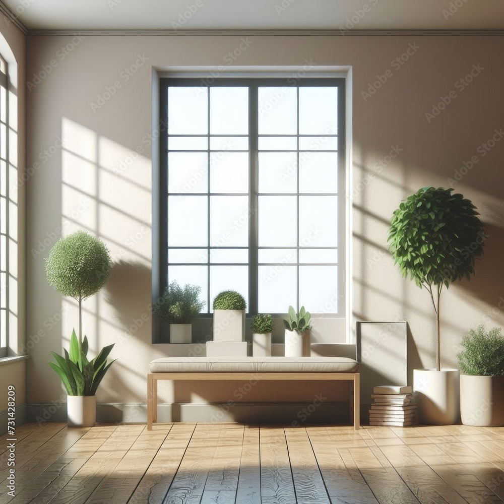 stylish wooden bench against a plain, light-colored wall adorned by the soft shadows of window panes stylish wooden bench against a plain, light-colored wall adorned by the soft shadows of window panes