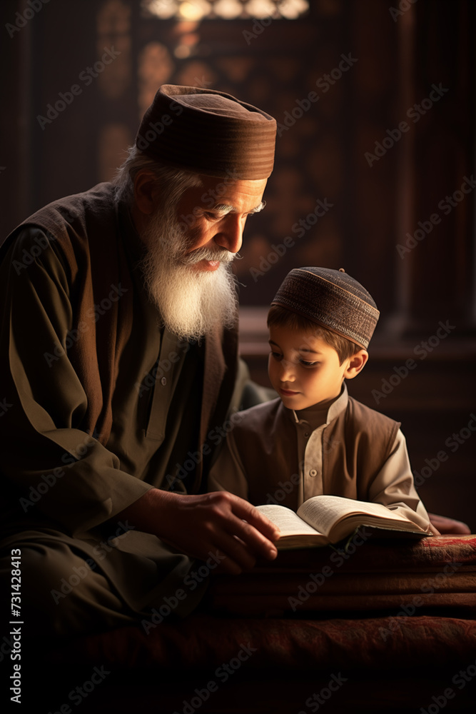 devout muslim reads the quran with his son in the mosque, generative AI devout muslim reads the quran with his son in the mosque, generative AI