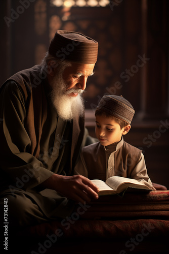 devout muslim reads the quran with his son in the mosque, generative AI