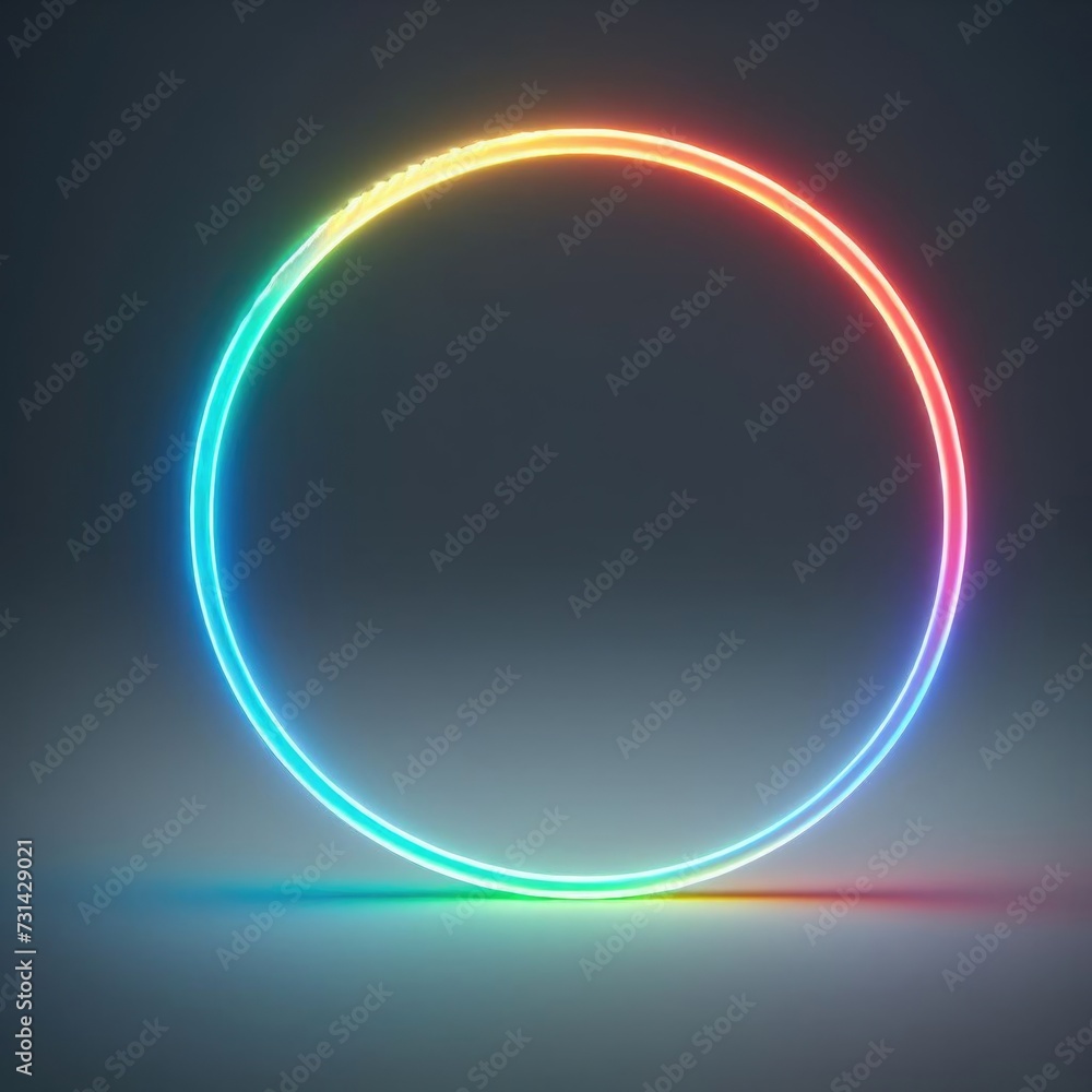 thin, hollow circle with a gradient of colors on a plain grey background. The circle is illuminated and exhibits a neon-like glow, transitioning smoothly from blue to green, yellow, and red thin, hollow circle with a gradient of colors on a plain grey background. The circle is illuminated and exhibits a neon-like glow, transitioning smoothly from blue to green, yellow, and red