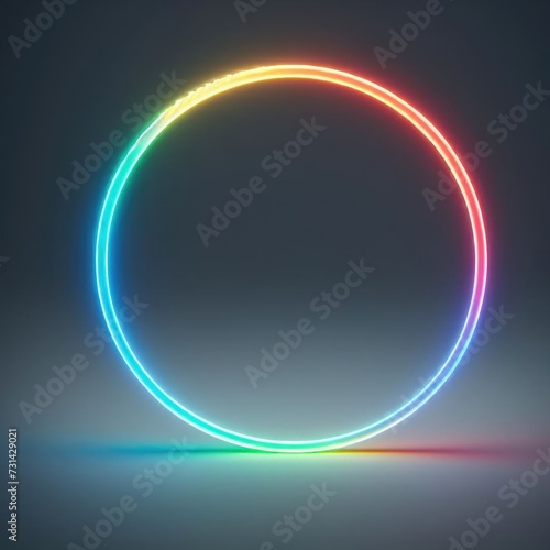 thin, hollow circle with a gradient of colors on a plain grey background. The circle is illuminated and exhibits a neon-like glow, transitioning smoothly from blue to green, yellow, and red