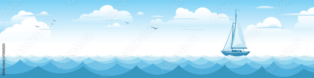 Fototapeta premium Seascape with sailing yacht, picturesque sky, summer vacation, vector cartoon, panoramic view 