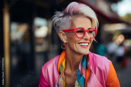 Portrait of a beautiful fashionable woman with short hair and pink glasses.