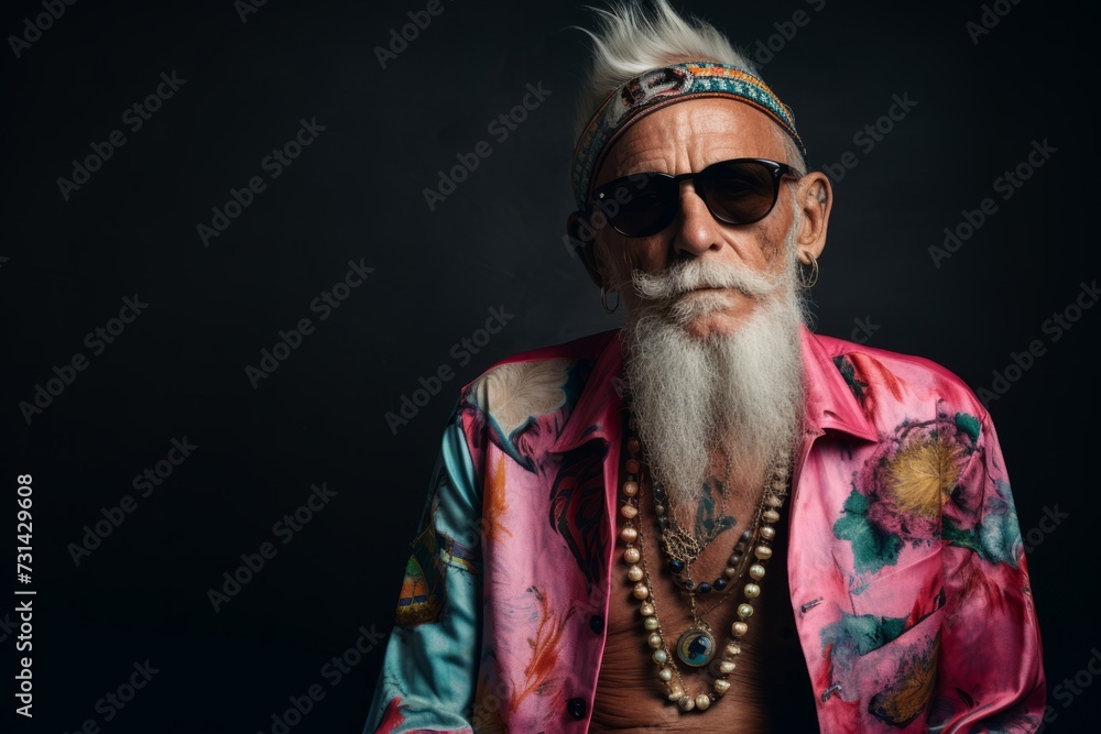Portrait of an old hippie man with long white beard and mustache wearing a colorful shirt and sunglasses.