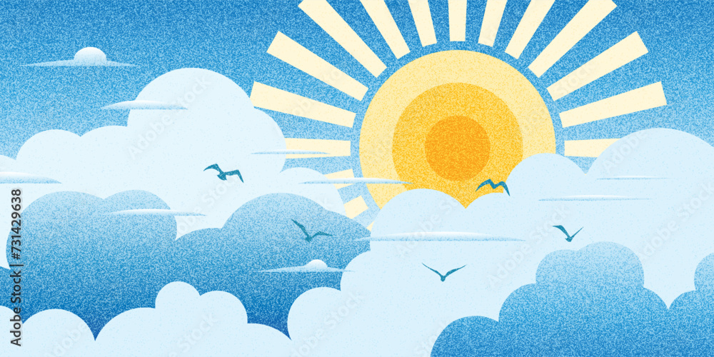 Vector drawing of sky, sun in the clouds, cartoon illustration, noise ...