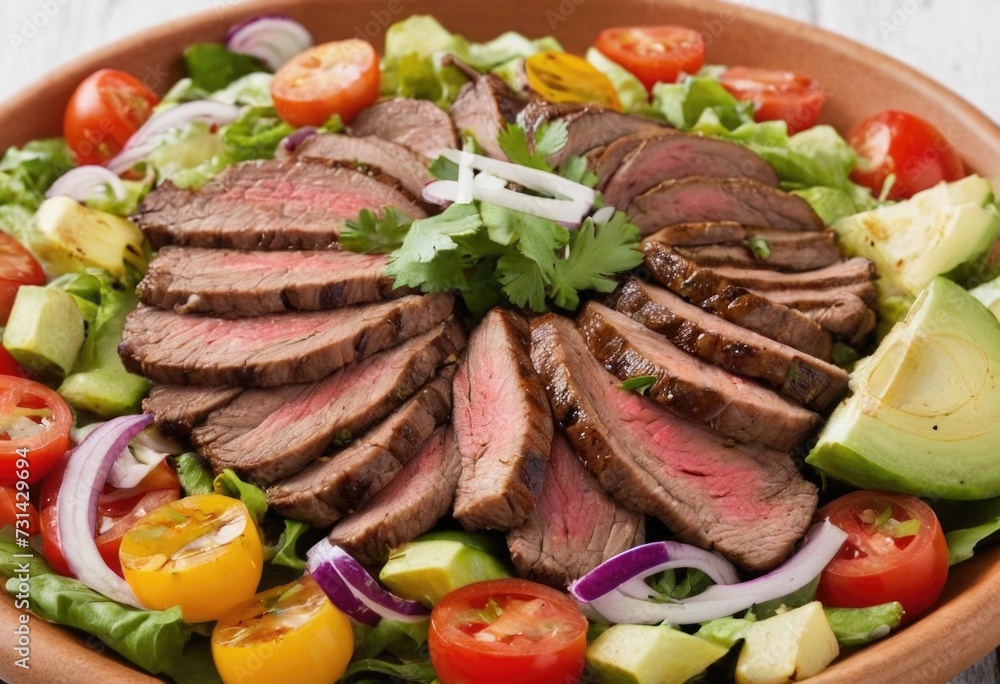 vibrant Mexican salad with grilled beef strips and fresh vegetables