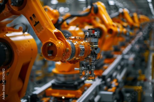Industrial Robots in Automotive Assembly Line, Precision industrial robots engaged in the assembly of automotive parts, showcasing modern manufacturing technology.