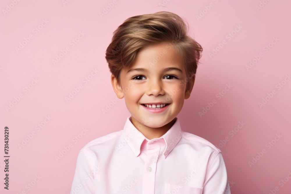 Portrait of a smiling little boy in a pink shirt on a pink background Portrait of a smiling little boy in a pink shirt on a pink background