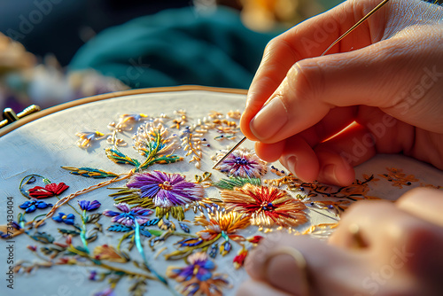 Intricate Embroidery of Floral Design. Close-up of a young girl's hands delicately embroidering a colorful floral pattern on white fabric with a needle and thread. Horizontal photo