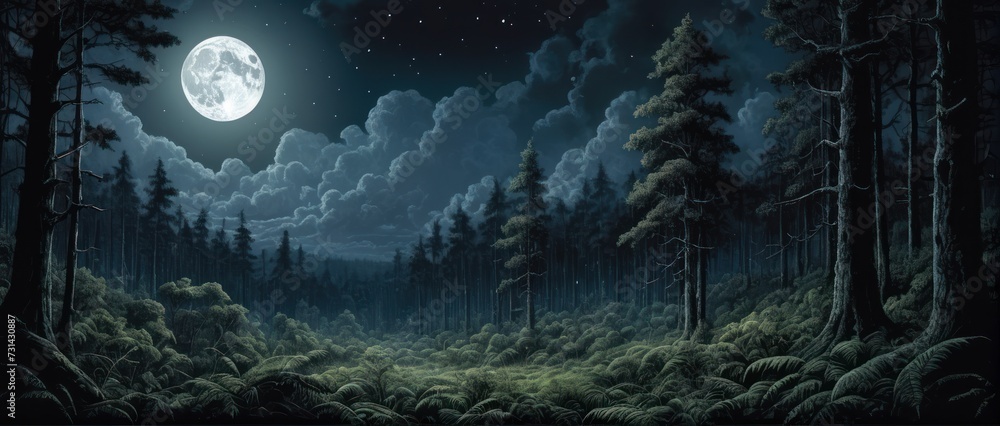 Night forest illustration: Dark, lush trees, hidden moon