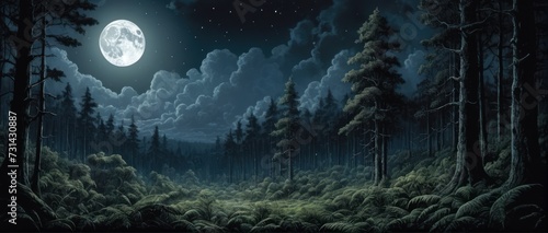 Night forest illustration  Dark  lush trees  hidden moon