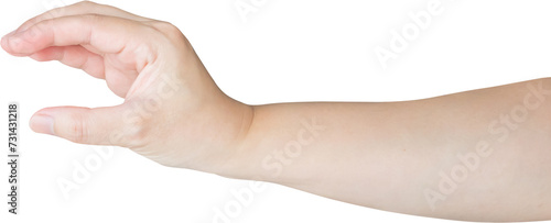 Woman hand gesture holding something isolated on white background