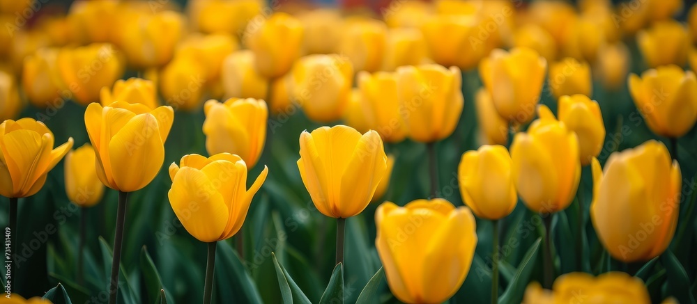 A beautiful natural landscape with a close-up view of yellow tulips, a flowering plant with green stems and leaves, standing tall amidst lush grass. A beautiful natural landscape with a close-up view of yellow tulips, a flowering plant with green stems and leaves, standing tall amidst lush grass.