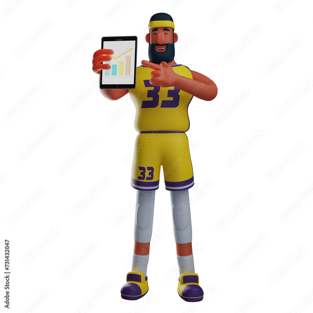 Obraz premium 3D illustration. 3D Basketball Athlete Cartoon Illustration showing graphic graphics. wearing a cute headband. has a thick mustache. 3D Cartoon Character