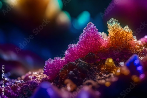 A close-up of a mineral crystal specimen under a microscope, the mesmerizing atomic structure and vibrant colors, resembling an alien landscape at the microscopic level.