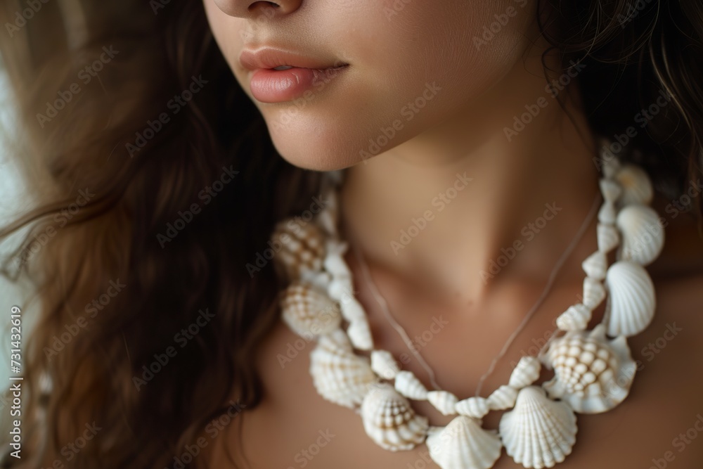 A close-up of a shell necklace on a woman's neck reveals a natural elegance and a bond with the ocean. Shell necklace adding a touch of serenity and beauty to women.
