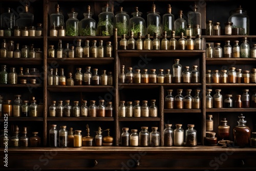 A vintage apothecary with dark wooden shelves lined with glass jars filled with herbs and potions, brass scales, and handwritten labels, evoking a sense of mystery and nostalgia.