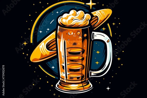 Retro space-themed beer mug shaped like a rocket ship, encircled by a circle. Generative AI