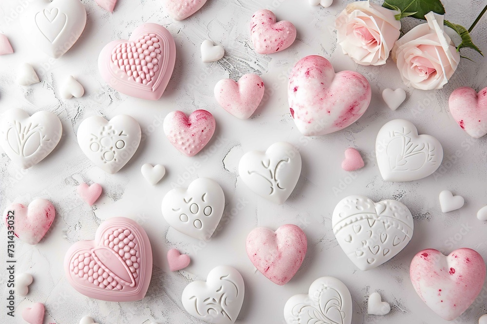 Valentine table decor with hearts, in the style of scattered composition, white and pink Valentine table decor with hearts, in the style of scattered composition, white and pink