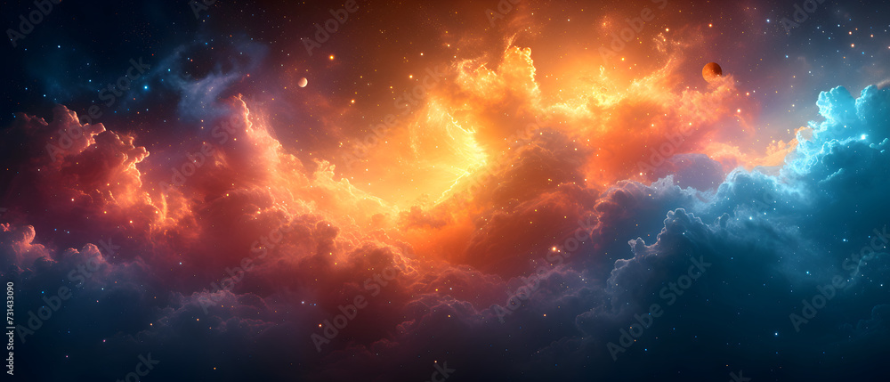 Fototapeta premium Space Nebula with colorful Whirls and dramatic lightning, deep space background wallpaper