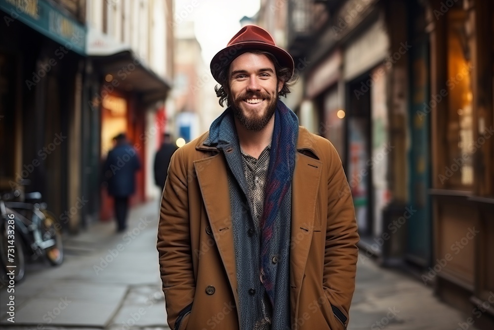 Portrait of a handsome man in a coat and hat on a city street Portrait of a handsome man in a coat and hat on a city street
