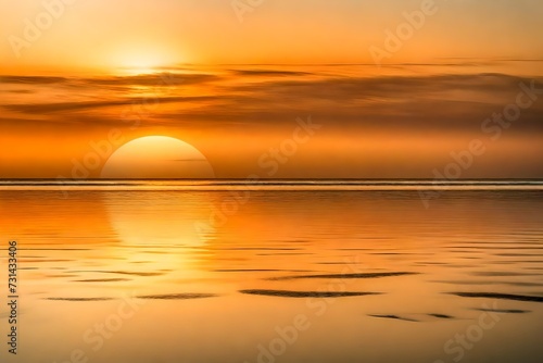 A calm  gradient seascape with shades of gold and orange reflected in the water at sunrise.